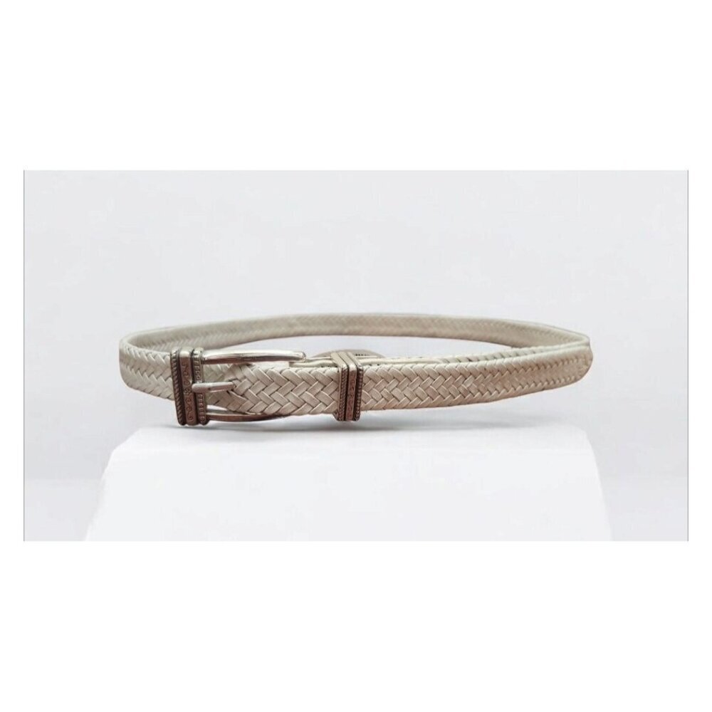 Talbots Women's White Woven Belt Size M Braided Leather Silver Buckle